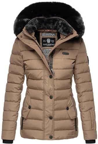 Navahoo Damen warme Winter Steppjacke mit Abnehmbarer Kunstfell-Kapuze Milianaa Taupe Gr. XL