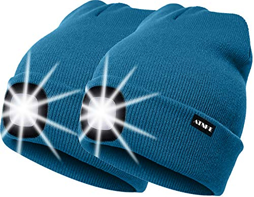 ATNKE 2Pcs Neue Warme LED beleuchtete Mütze,Unisex USB wiederaufladbare Laufmütze Ultra Bright 4 LED wasserdichte Lichtlampe Mehrfarbig/Deep Hole Blue