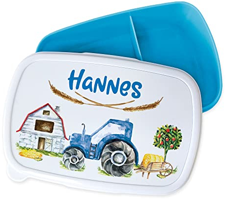 GRAZDesign Brotdose Kinder personalisiert, Lunchbox Kindergarten und Schule, Brotbox in Blau mit Unterteilung, Name und Trecker, Bauernhof, Geschenk zu Einschulung