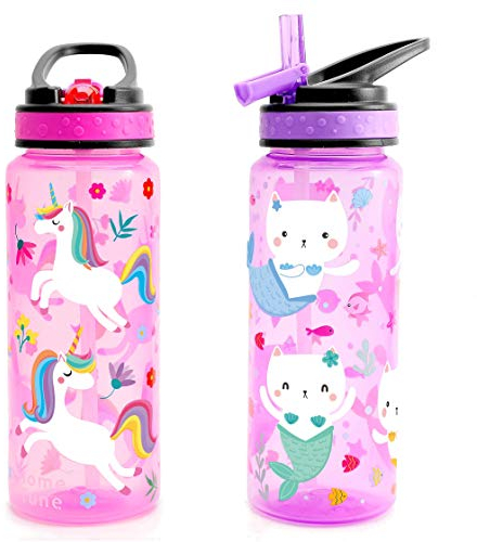 Home Tune Trinkflasche für Kinder - BPA frei, Flip-Strohhalm-Verschluss, mit auslaufsicherem Deckel, Weitmundig, federleichte, auslaufsichere Wasserflasche - 680ml 2 Pack Einhorn & Kitty Meerjungfrau