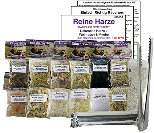 12x Räucherwerk WEIHRAUCH + BOSWELLIA + MYRRHE + NATURKAMPFER + Olibanum + KOPALHARZ + Styrax + BENZOE UVM. 17-TLG RÄUCHERSORTIMENT mit RÄUCHERZANGE + Räucherkohle + Sand. 81900-2Z