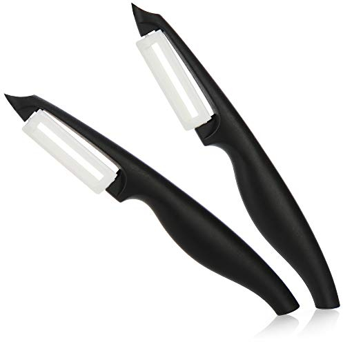 com-four® 2x Keramik Sparschäler für Obst und Gemüse - Universalschäler besonders scharf - Schäler mit Pendelklinge, Keramikschäler, Gemüseschäler, Obstschäler, Küchenschäler (2 Stück - schwarz)