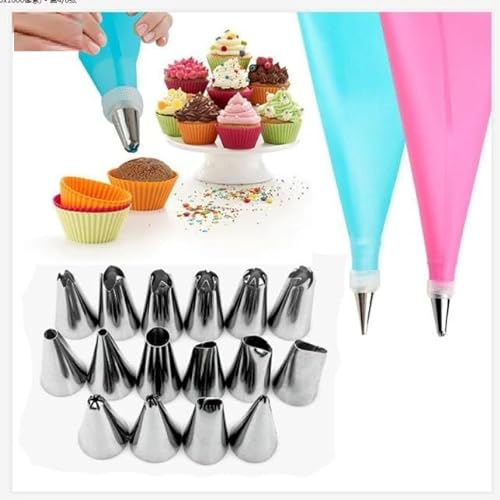 16Pcs Set Silicone Piping Bags and Nozzles Set Kit Tool Includes 2 Reusable Piping Bags, 12 Steel Nozzles, 2 Coupler Adapter Reusable Pastry Icing Bags for Cupcakes Cookies Cream Cake Decorating Kit