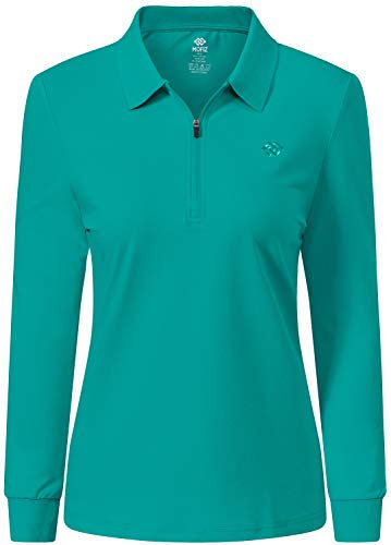 MoFiz Damen Poloshirt Langarm Baumwolle Polohemd Sport Polo Wintershirts mit Reißverschluss Kragen Grün XL