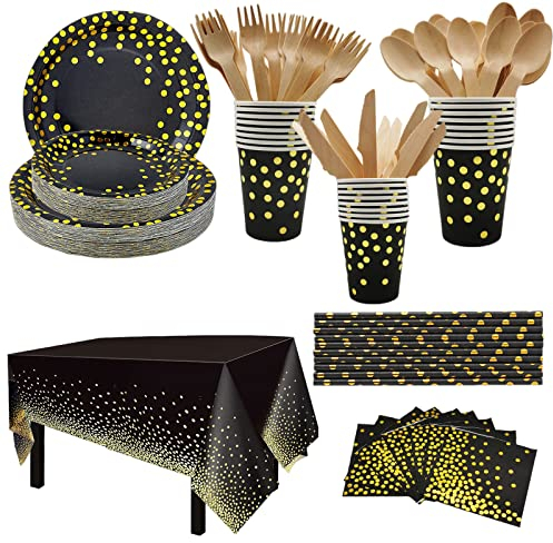 CEILIWEN Lot de 201 accessoires de fête à thème noir et doré comprenant assiette, tasse, paille, nappe, serviette, fourchette, couteau, cuillère, vaisselle de fête