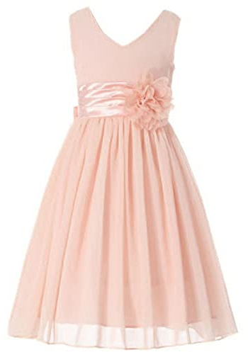 Happy Rose, Abito da damigella della sposa in chiffon, con scollo a V, per bambine, Pesca chiaro., 10 Anni