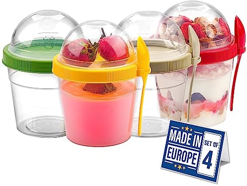 CRYSTALIA Joghurt Becher to Go mit Deckel Set 4 500ml 100% BPA FREI Müslibecher to Go, Porridge To Go, zum Frühstück, Obstbehälter Müslidosen Yoghurt to Go Becher mit Löffel