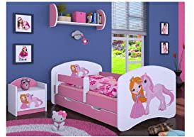 BDW Kinderbett mit Matratze und Bettkasten 140/160/180/190 Verschiedene Varianten Mädchen ROSA !!! (Prinzessin mit Einhorn, 190x90)