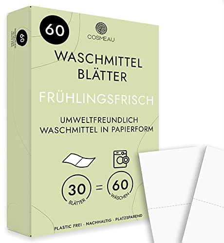 Cosmeau Waschmittel Blätter Frühlingsfrisch - bis zu 60 Waschgänge (60 Blätter) - Nachhaltiges Waschmittel für Weiß, Farbe und Schwarz - Plastikfrei, Abbaubar & Perfektes Reisewaschmittel