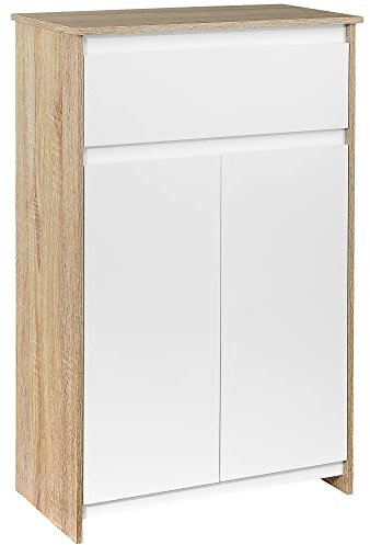 kleankin Armario Auxiliar de Baño con 1 Cajón y 2 Puertas Mueble Auxiliar de Baño para Salón Aseo Dormitorio Estilo Moderno Antivuelco 60x30x90 cm Blanco y Natural