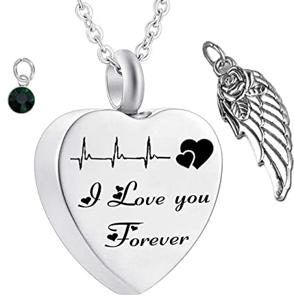 Whoiy Asche Urne Kette, Herzanhänger zum Gravieren Edelstahl „Ich Liebe Dich für Immer“ mit Angel Wing Silber Frei Graviert mit Trichter-Kit & Tasche