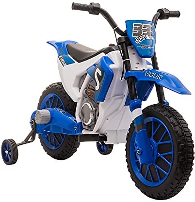 HOMCOM Kinder Elektro-Motorrad Kindermotorrad 12V Kinderfahrzeug Elektrofahrzeug mit 2 abnehmbaren Stützrädern für Kinder ab 3 Jahre PP Metall Blau+Weiß 106,5 x 51,5 x 68 cm