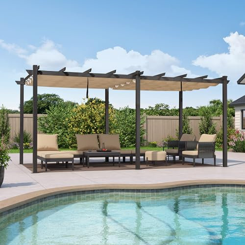 PURPLE LEAF Pergola Aluminium 5,5 x 3 m Tissu Teint en Fil, Pergolas pour Terrasse Extérieur, Pergola Jardin Extérieur Toit Coulissante, Pavillon de Jardin, Kaki