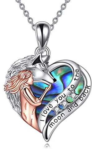Wolf Schmuck Geschenke Sterling Silber Liebesherz Wolf und Mädchen Anhänger Halskette Ich liebe dich bis zum Mond und zurück Halskette Schmuck für Damen Teenager Freundin (Wolfskette mit Abalone)