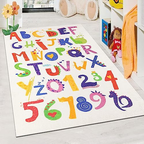 Enyhom Kinderzimmerteppich Flauschiger Weicher Spielteppich, Alphabet und Zahl Muster Lernteppich, Antirutsch Waschbar Kinderteppich für Junge Mädchen, Pflegeleicht, Grösse: 90 x 150 cm