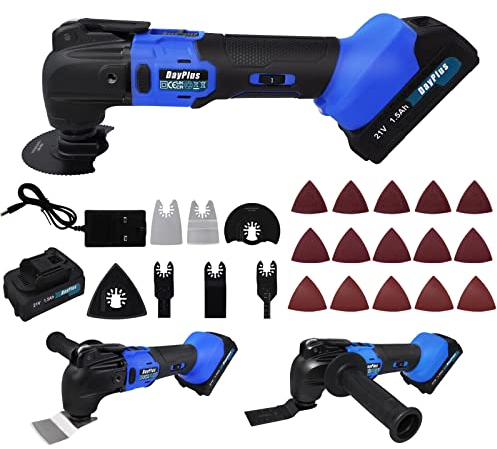 Utensile multifunzione con batteria da 21 V, 1,5 Ah, strumenti oscillanti da 300 W, con sistema a sgancio rapido, angolo di oscillazione di 4 °, velocità variabile per levigatura fai da te, incisione