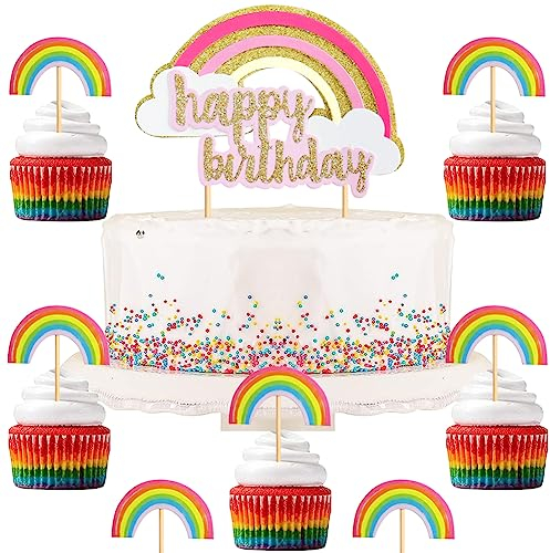 HGSHUO Regenbogen Tortendeko Geburtstag Kuchen Deko Regenbogen Cupcake Topper Happy Birthday Muffin Torte Deko Kommunion Hochzeit Baby Shower Kuchendeko Boho 41 Stück