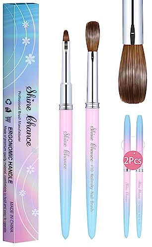 Shine Chance Kolinsky Lot de 2 pinceaux à ongles en acrylique 100 % pur Taille 10 Pinceau pour nail art et petite brosse de nettoyage, outils de manucure pour femme