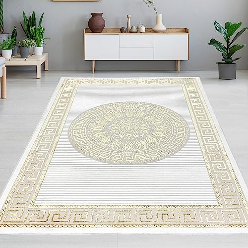 CARPETIA Teppich Wohnzimmer Gästezimmer Kurzflor orientalisch elegant edel Ornamente Glanzeffekt Mäander Creme Gold 140 x 200 cm