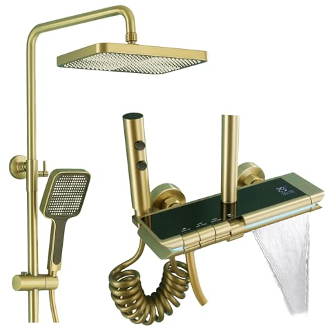 Colonne de Douche Thermostatique avec Mitigeur, Système de Douche Affichage Numérique Kit de Douche Réglable Hauteur Ensemble Douche avec Douche de Tête, Pommeau de Douche (Or Brossé)