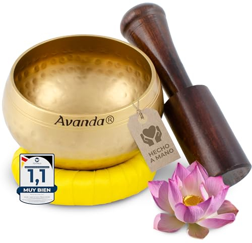 Juego de cuenco tibetano para yoga, meditación y relajación - Cuenco tibetano martillado Ø 10 cm, mazo de madera de mango y cojín anular amarillo