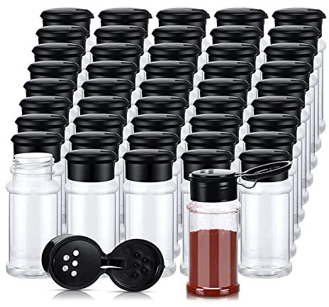 DKSooozs Lot de 50 pots à épices en plastique avec couvercles shaker, conteneurs à épices, bouteilles à épices en plastique, pots à épices pour assaisonnement, 100 ml, noir