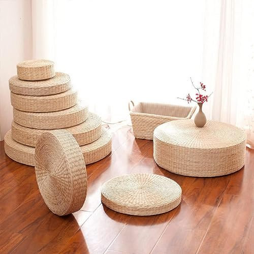 Tatami Rundes Bodenkissen für Sitzgelegenheiten, handgefertigtes Rattan-gewebtes Picknickkissen zum Sitzen für den Boden im Freien, böhmische Meditation, japanisches Bodenkissen (Grundfarbe, 60 x 11