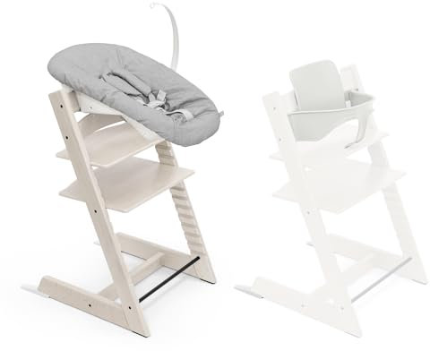 Stokke Tripp Trapp Hochstuhl, Whitewash/White (inklusive Stuhl & Baby Set2) mit Newborn Set - Sicheres, verstellbares, ergonomisches Design