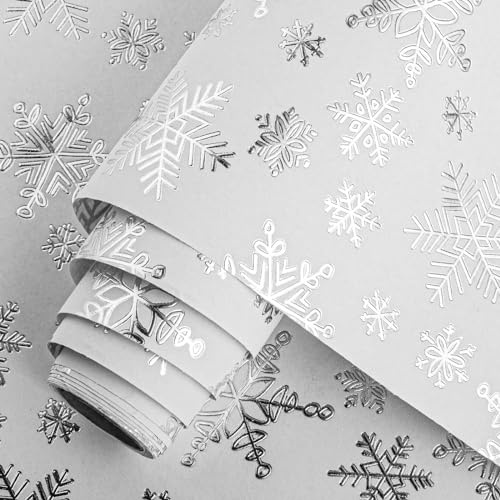 Homeral Weihnachts-Geschenkpapierrolle, 46,8 m², 3D-geprägte Silberfolie, Schneeflocken auf Weiß, für Weihnachten, Winterurlaub, Party, Neujahrsfeier, 43,2 cm x 10,1 m