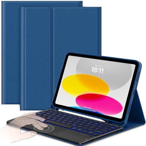 CACOE Hülle mit Tastatur für iPad 11 (A16) / 10 Generation (11Zoll / 10.9 Zoll) 2025/2022 mit Touchpad, 7-Farbige Beleuchtung Abnehmbare Kabellose Tastatur, Navy blau