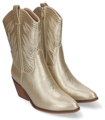 shoes&blues.es Stivaletti da Donna con Tacco Stile Cowboy, Eleganti, con Ricami sulla Tomaia e sul Gambale, Punta Affusolata e Pratica Chiusura Laterale con Cerniera. Oro Talla 36