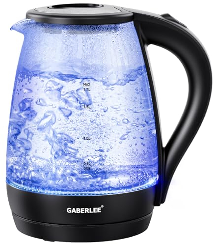 GABERLEE Electric Kettle, 1.7L, 5 Mins Fast Boil Glass Kettle with Blue LED, Auto Shut-Off and Boil-Dry Protection, BPA-Free, 2200W (Black+)