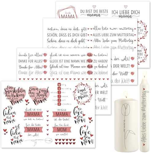 OWLBOOK® Kerzentattoos Tattoo Folie Muttertag Sticker Aufkleber Mama I Geschenke für Mama DIY Muttertagsgeschenke I Wasserschiebefolie | Rot | 4 x Din