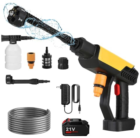 Nettoyeur Haute Pression Alimenté par Batterie, Max 70 Bar avec Batteries 30000mah, PulvéRisateur de Mousse, 6 en 1 Buse Multifonction, IdéAl pour Les Voitures Home Garden (15000mAh)