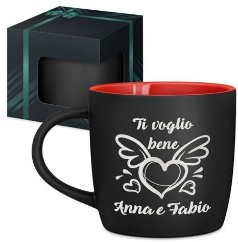 Maverton Tazza da caffelatte o tè in ceramica - 400 ml - Incisione personalizzata - Tazze da colazione per bevande per anniversario - Bicchiere con manico per una coppia - Interno rosso - amore