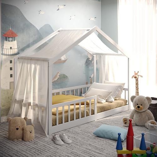 CADANI Malte Hausbett 90x200 cm Weiß, Montessori Bodenbett Rausfallschutz abnehmbar, Kinderbett Umbaubar inkl. Roll-Lattenrost, bis 200 kg belastbar