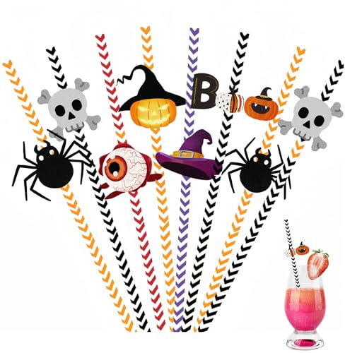 Halloween Paper Straws,24pcs Halloween Party Straws Spider Ghost Pumpkin Skull Pattern Drinking Straws Paper Cocktail Straws for Restaurant Home Bar Halloween Party Juice Coffee Cold Drink Accessories