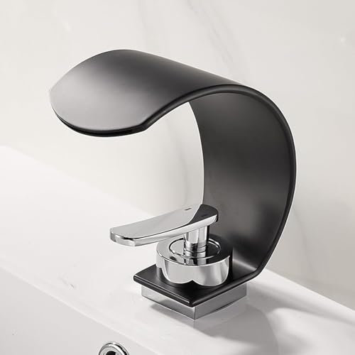 ZTDPHZ Waterfall Tap Ultra Thin with Wide Opening Basin Mixer Bathroom Full Copper Faucet, Sink(Black)