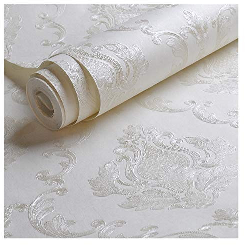 Crepundia Papier Peint Intissé Blanc de Papier Peint de damassé en Relief Blanche Salon Fond Floral Motif Floral Papier Peint de Mur texturé décoration de Maison 10m Rouleau Papier Peint Mural