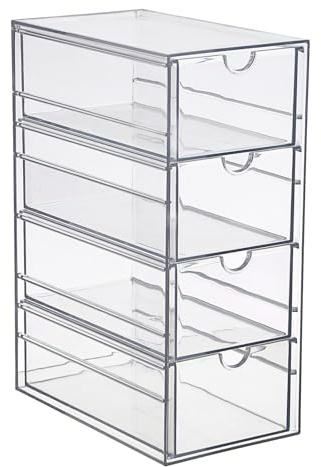 SUMTree Organisateur de Tiroirs Boîte de Rangement en Acrylique - 4 tiroirs | Transparente, Organisateur d'accessoiresde coiffure, Rangement pour Salle de Bain, Placard, Armoire, Bureau, 10×17×25cm