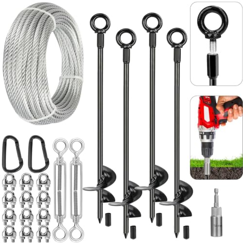 Tinnmao Bodenanker, strapazierfähig, 76,2 cm, für Schuppen, Spannanker mit verzinktem Kabel und Spannschlössern, Erdanker zum Einschrauben für Schuppen, Schaukel-Set, Wohnmobile, Trampoline