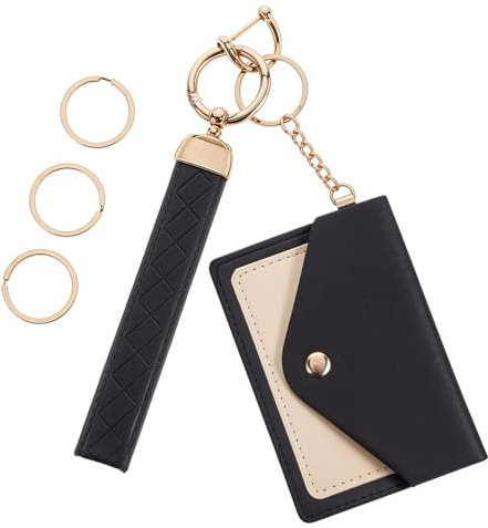 Yuanchu Damen Leder-Schlüsselanhänger,Mini Geldbörse Schlüsselanhänger mit Kartenhalter Mikrofaser Leder Auto Schlüsselanhänger mit 360° Drehbarem D-Ring 3 Schlüsselringen und Mini-Geldbörse(Schwarz)