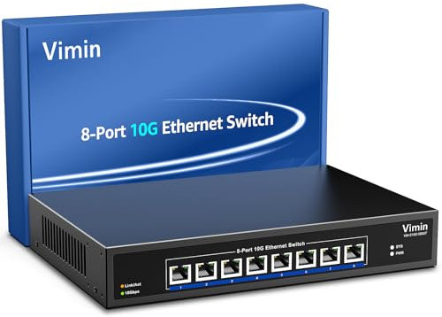 Switch Ethernet non Gestito 10G a 8 Porte, Switch di Rete VIMIN 10Gbe che Supporta la Negoziazione Automatica Della Velocità 100M/1000M/2,5G/5G/10G, per Rete NAS 10G, Plug & Play, Capacità 160 Gbps