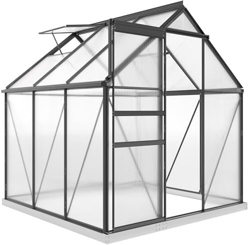 Outsunny 6 x 6ft Polycarbonate Greenhouse, Large Walk-In Greenhouse with Adjustable Roof Vent, Garden Green House with Galvanised Base, Sliding Door and Rain Gutter, Grey