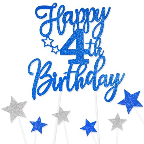Royal Blue Happy 4th Birthday Cake Toppers for Cake,Personalised Cake Toppers for Boy Men Girl Women Decorations,Glitter Cupcake Topper Cake Topper Kit 4th Birthday Party Cake Decoration Supplies