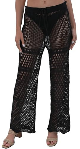 Maeau Pantalon de plage pour femme - Crochet - Micro évasé - Cache-bikini - Taille S-M, Noir , S