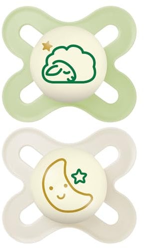 MAM Original Start Night Succhietto 0-2 Mesi (Set da 2), Ciuccio MAM che si illumina al buio con tettarella in caucciù, Kit da 2 accessori neonato con porta ciuccio sterilizzatore, Neutro Notte