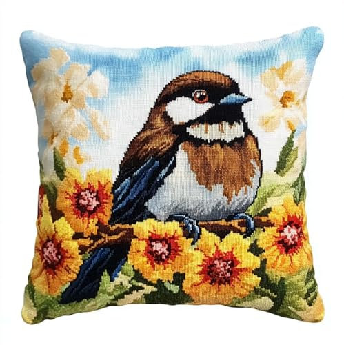 ORLUMY Diy Knüpfhaken-Set Latch Hook Kissen Kit, Spatz 43X43Cm,17X17Zoll Kinder Kissenbezu Kit Knüpfkissen Latch Hooking Canvas