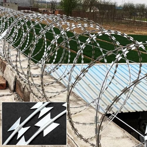 Razor Wire Fencing – Double Spiral Galvanized or Stainless Steel Razor Ribbon Coils, Easy to Install for Garden, Farm, Wall, Chain Link Fence Security, Anti-Climb Protection(Stainless steel 304,100m/3