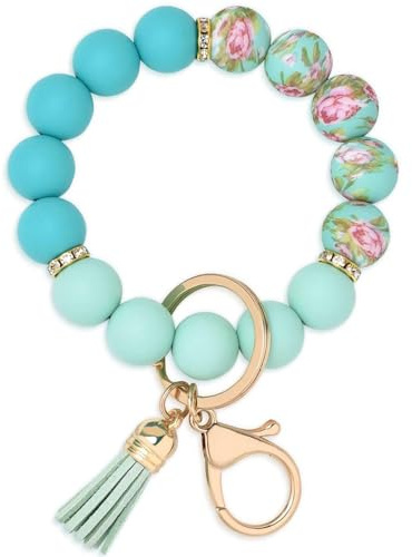 NOEMIN Silicone Bead Keychain Bracelet with Tassel – Wristlet Key Ring for Women Girls – Bag Charm for Purse Backpack Wallet